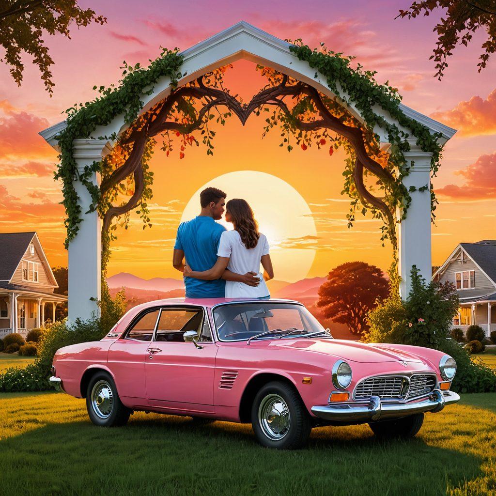 An illustration of a couple embracing, surrounded by various insurance symbols like a heart-shaped shield, home, and car icons. The background features a warm sunset, conveying a sense of security and love, while a subtle blend of entwined vines represents growth and trust. Detailed and colorful, emphasizing the importance of insurance in nurturing relationships. vibrant colors. super-realistic.