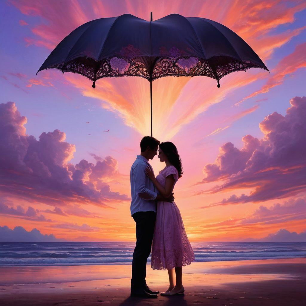 A serene scene depicting a couple sharing a tender moment under a picturesque sunset, surrounded by heart-shaped clouds representing love. Include symbols of security like a shield or umbrella making them feel protected. Add a subtle overlay of gears symbolizing the mechanics of love insurance. Soft pastel colors to evoke warmth and intimacy. super-realistic. vibrant colors.