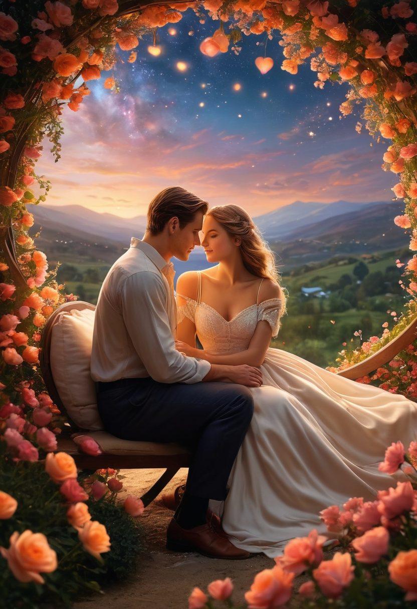 A cozy, romantic setting with a couple sitting under a starry sky, surrounded by heart-shaped shields symbolizing protection. Include elements like flowers, soft lighting, and a gentle breeze to convey warmth and intimacy. Add a gentle banner in the background showcasing 'Ultimate Guide to Relationship Insurance.' super-realistic. vibrant colors. warm tones.